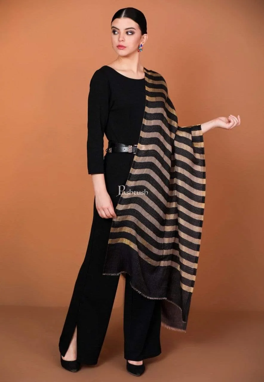 Pashtush Womens, Extra Fine Wool, Twilight Striped Scarf, With Shimmery Metallic Zari Thread Weave Black