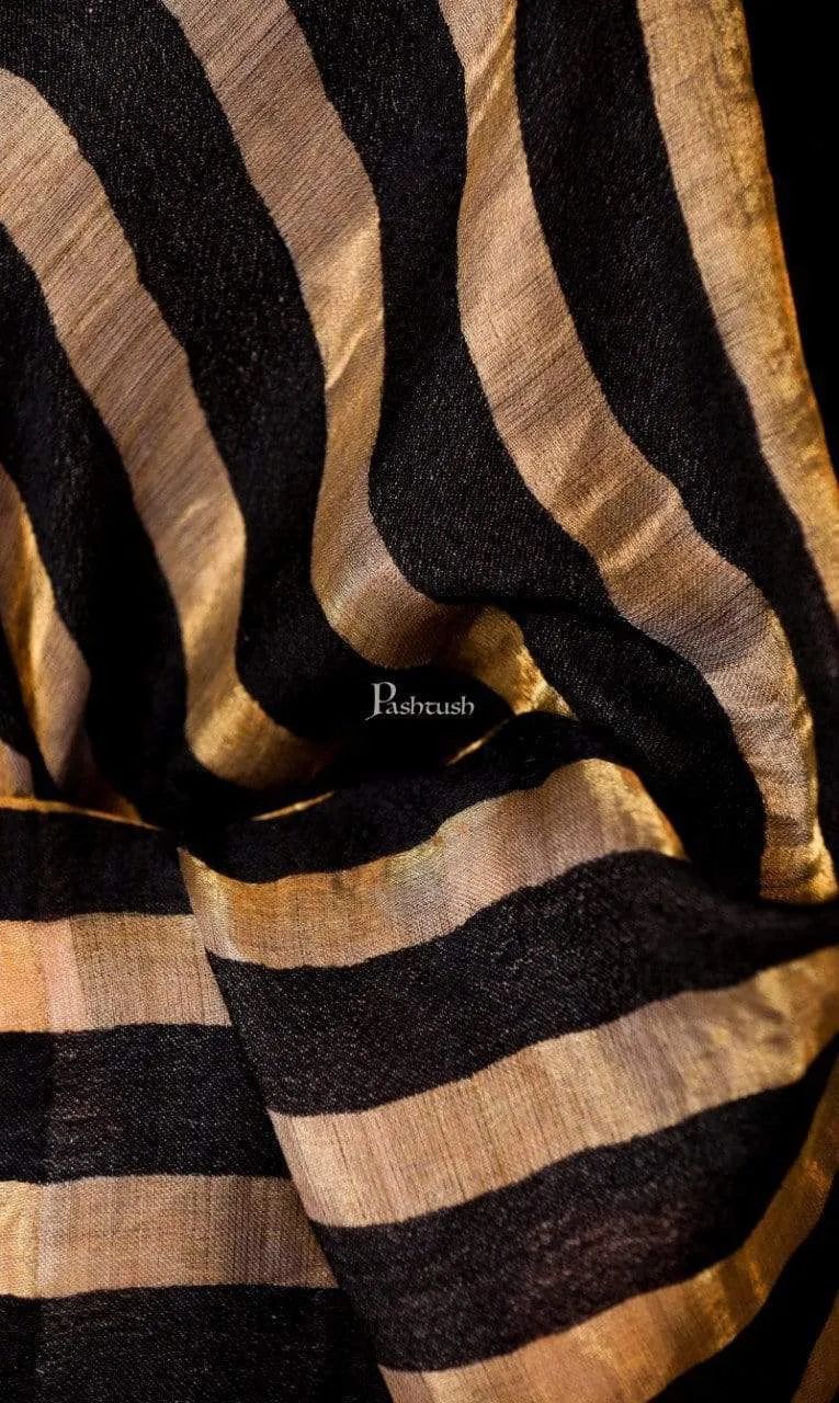 Pashtush Womens, Extra Fine Wool, Twilight Striped Scarf, With Shimmery Metallic Zari Thread Weave Black