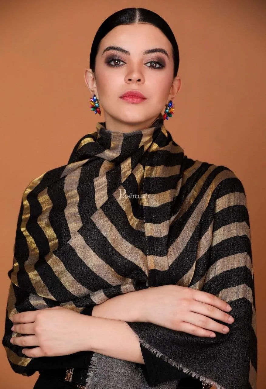 Pashtush Womens, Extra Fine Wool, Twilight Striped Scarf, With Shimmery Metallic Zari Thread Weave Black