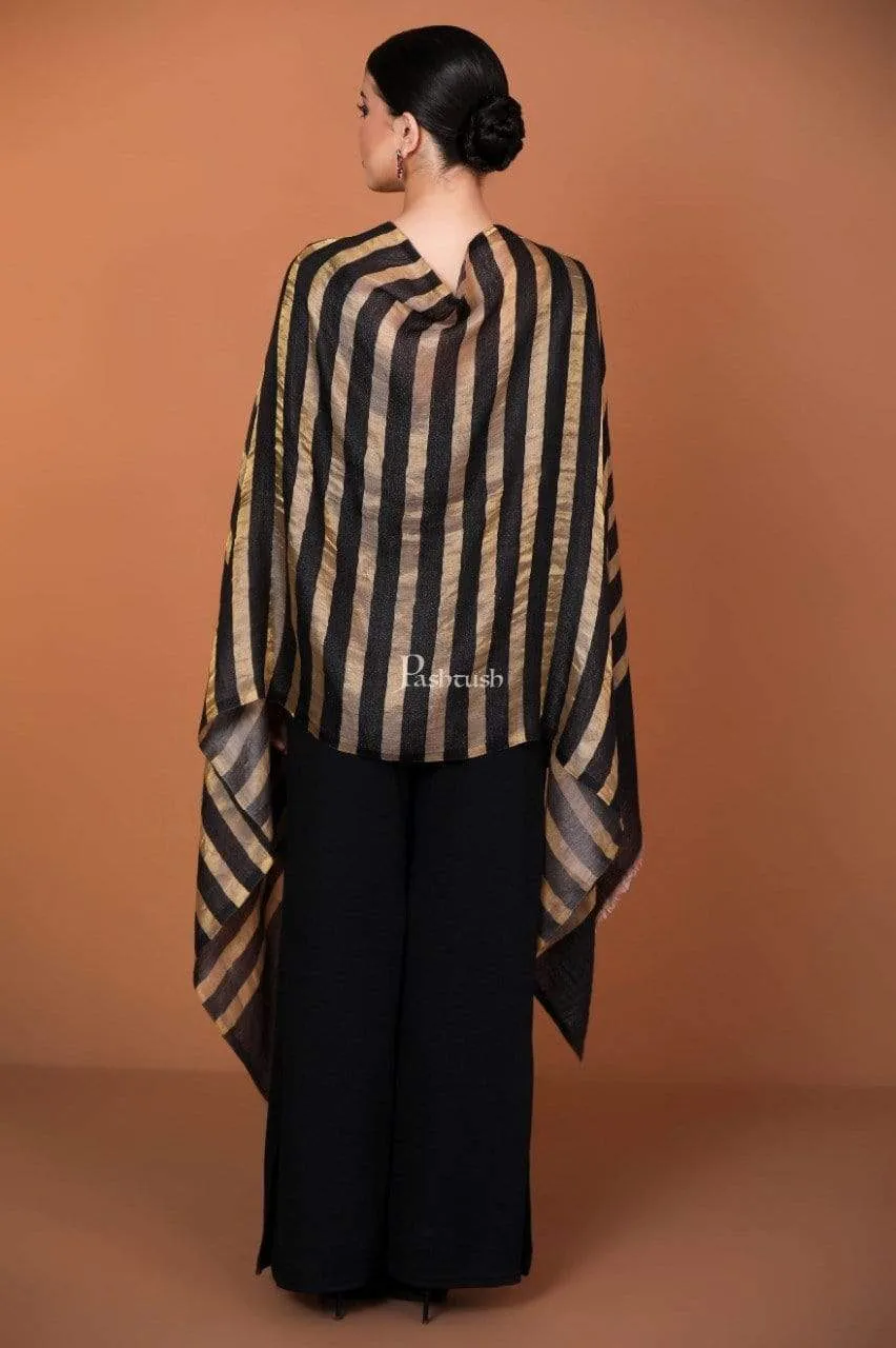 Pashtush Womens, Extra Fine Wool, Twilight Striped Scarf, With Shimmery Metallic Zari Thread Weave Black