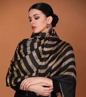 Pashtush Womens, Extra Fine Wool, Twilight Striped Scarf, With Shimmery Metallic Zari Thread Weave Black