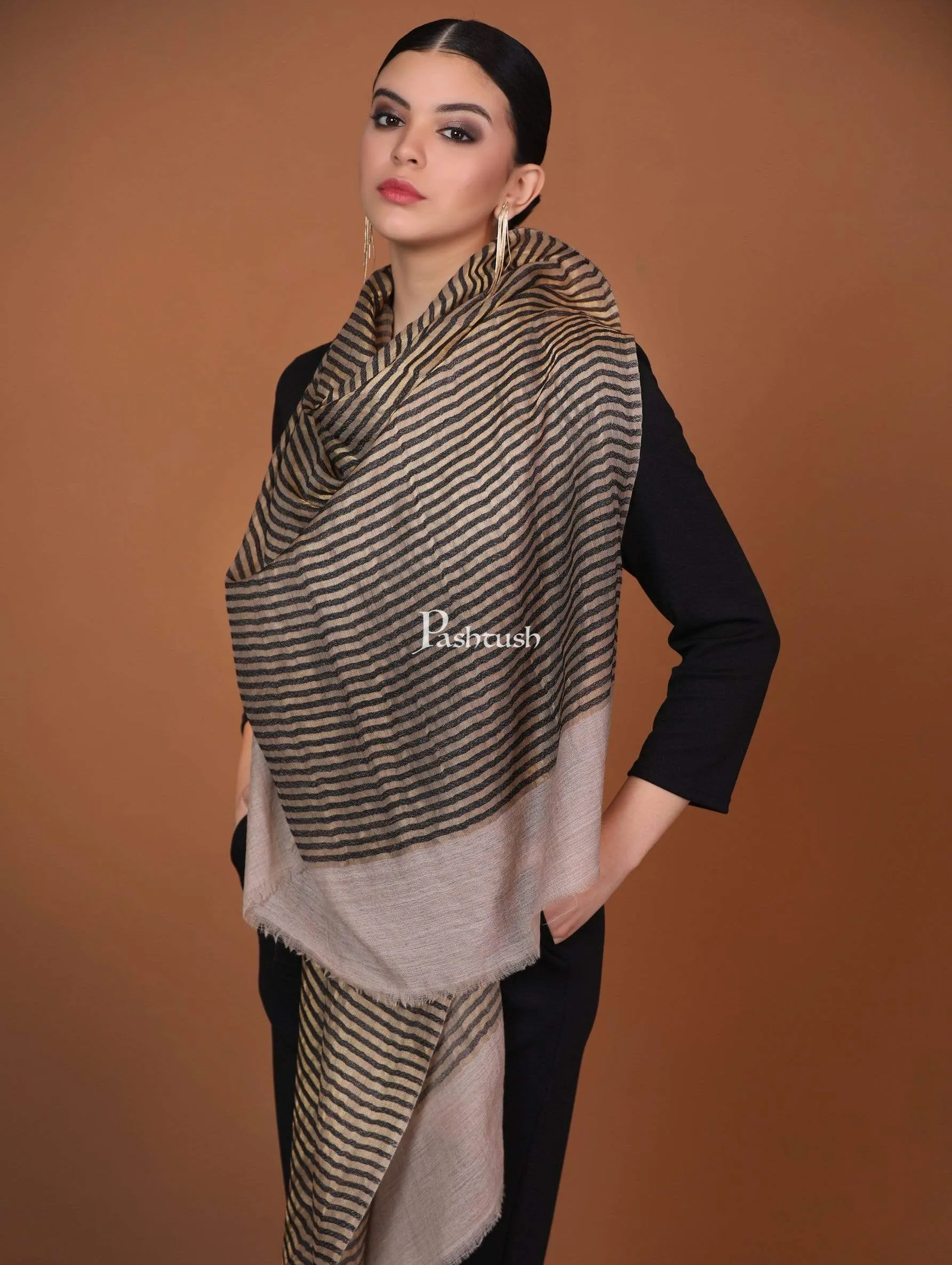 Pashtush Womens, Extra Fine Wool, Twilight Striped Scarf, With Shimmery Zari Thread Weave Black