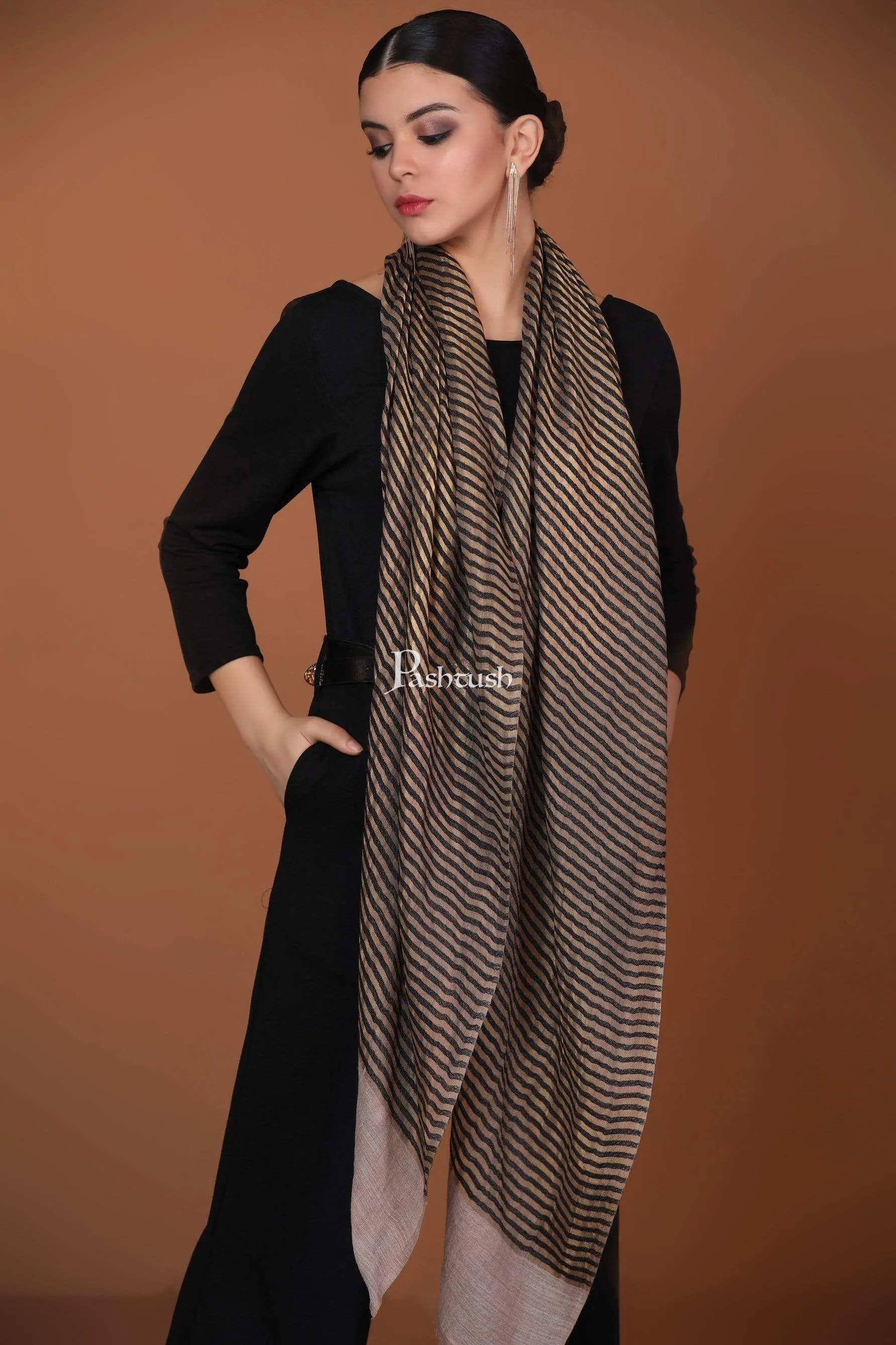 Pashtush Womens, Extra Fine Wool, Twilight Striped Scarf, With Shimmery Zari Thread Weave Black