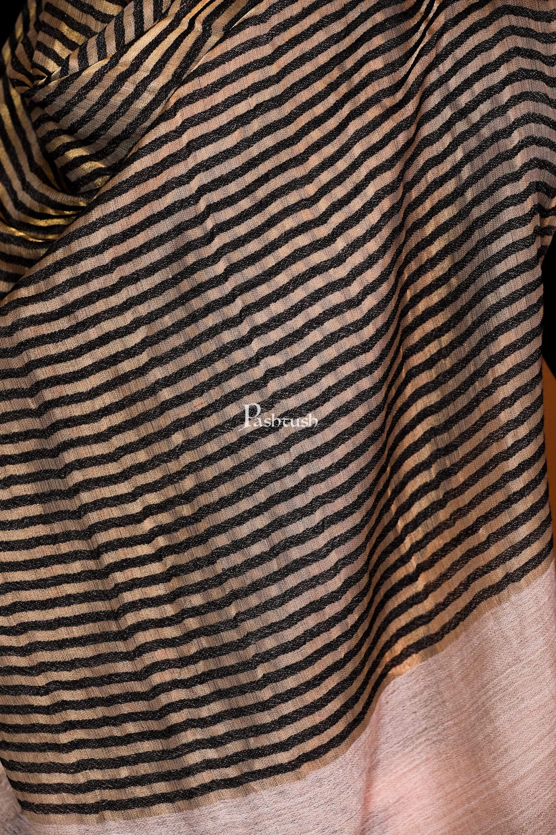 Pashtush Womens, Extra Fine Wool, Twilight Striped Scarf, With Shimmery Zari Thread Weave Black