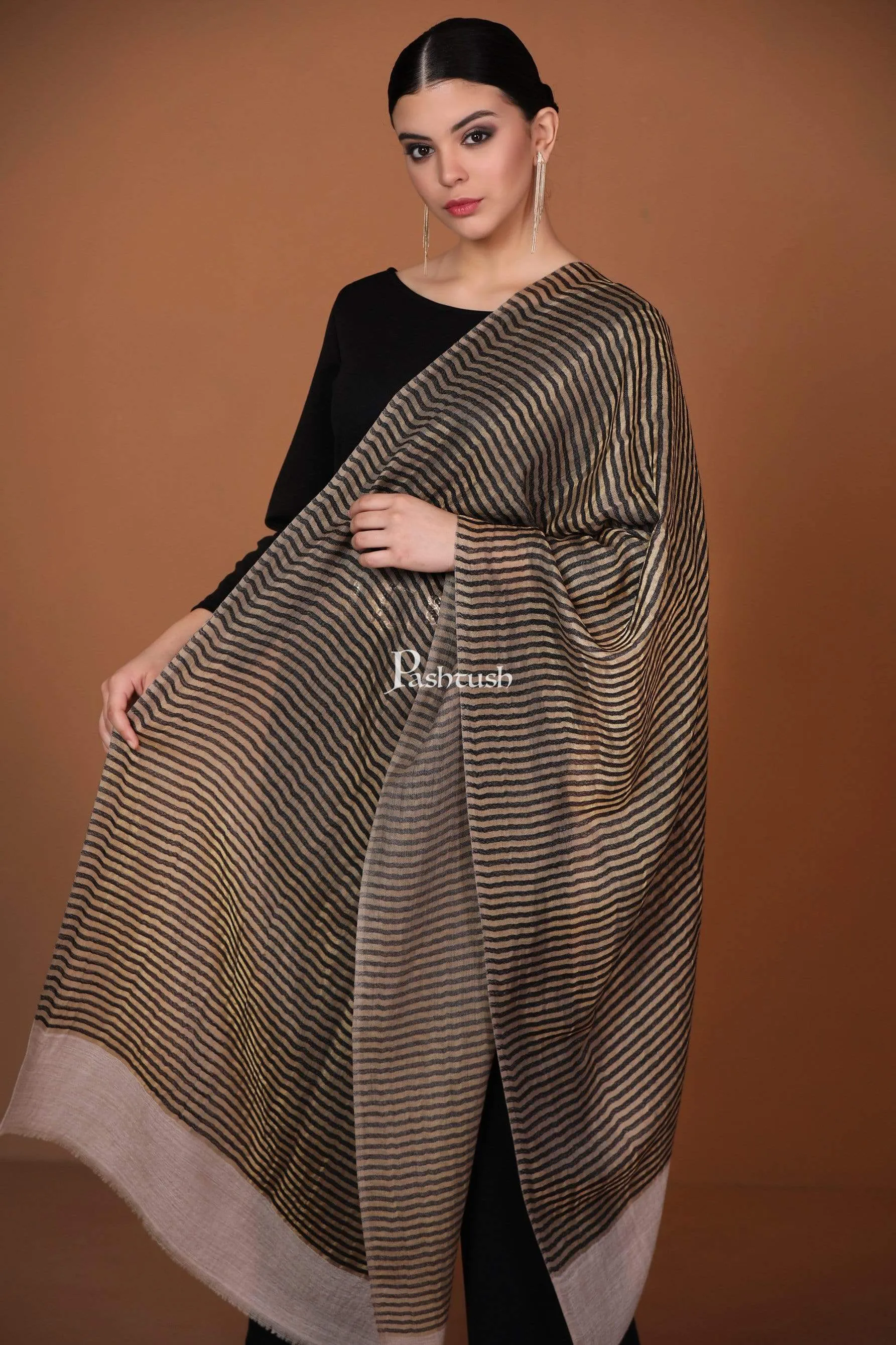 Pashtush Womens, Extra Fine Wool, Twilight Striped Scarf, With Shimmery Zari Thread Weave Black