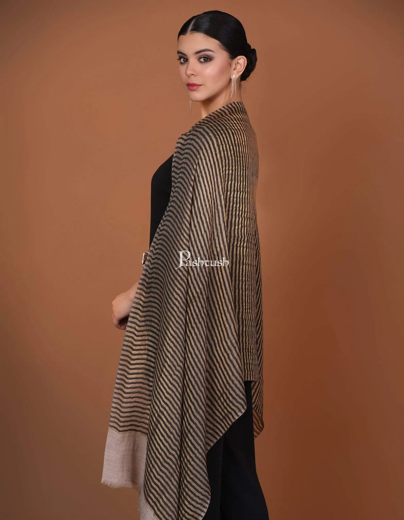 Pashtush Womens, Extra Fine Wool, Twilight Striped Scarf, With Shimmery Zari Thread Weave Black