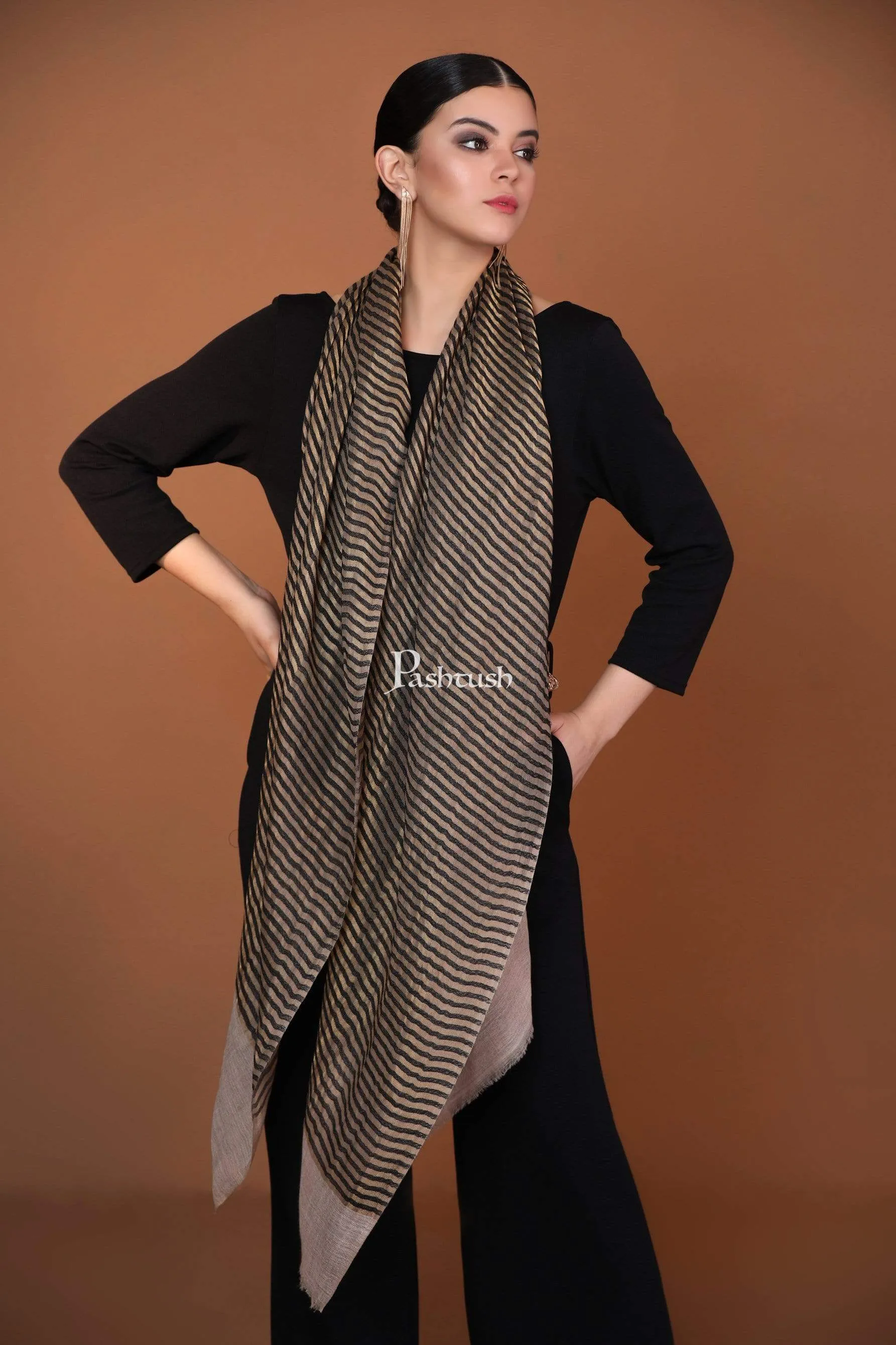 Pashtush Womens, Extra Fine Wool, Twilight Striped Scarf, With Shimmery Zari Thread Weave Black