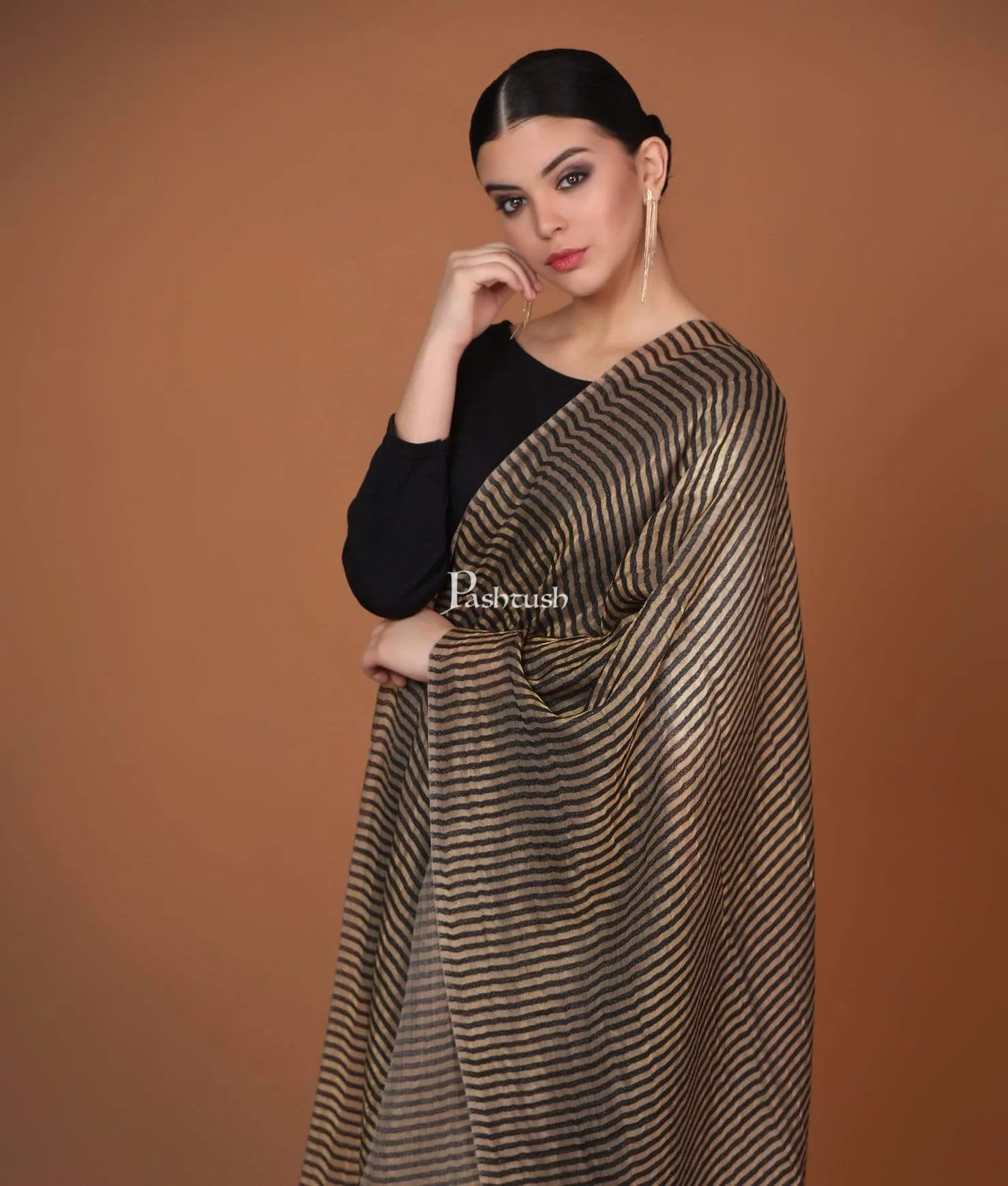 Pashtush Womens, Extra Fine Wool, Twilight Striped Scarf, With Shimmery Zari Thread Weave Black