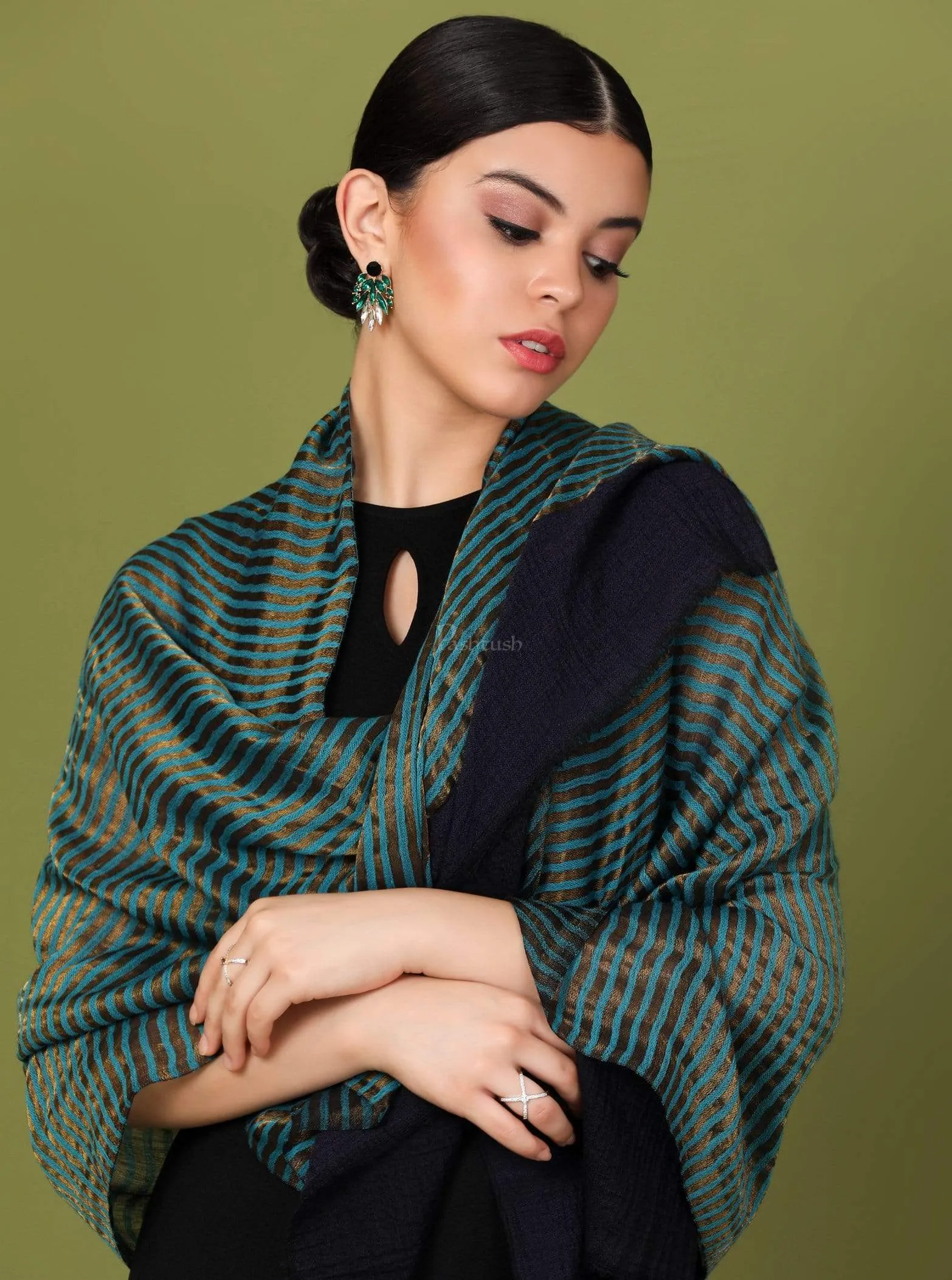 Pashtush Womens, Extra Fine Wool, Twilight Striped Scarf, With Shimmery Zari Thread Weave Blue