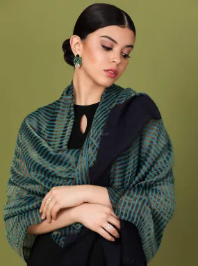 Pashtush Womens, Extra Fine Wool, Twilight Striped Scarf, With Shimmery Zari Thread Weave Blue