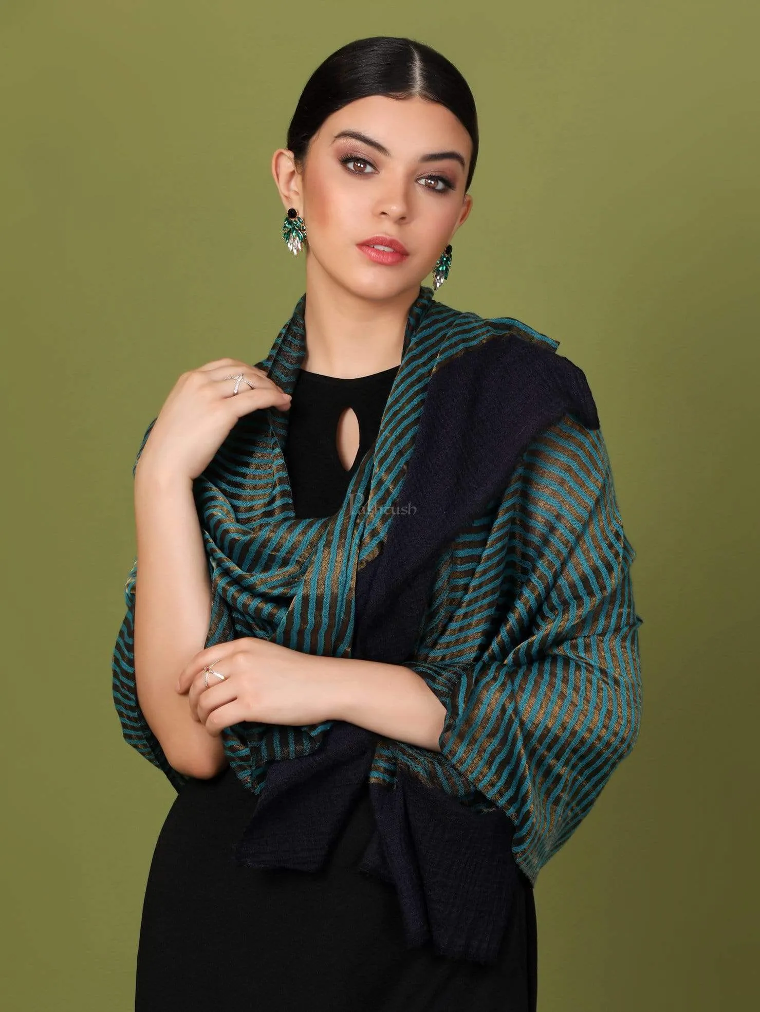 Pashtush Womens, Extra Fine Wool, Twilight Striped Scarf, With Shimmery Zari Thread Weave Blue