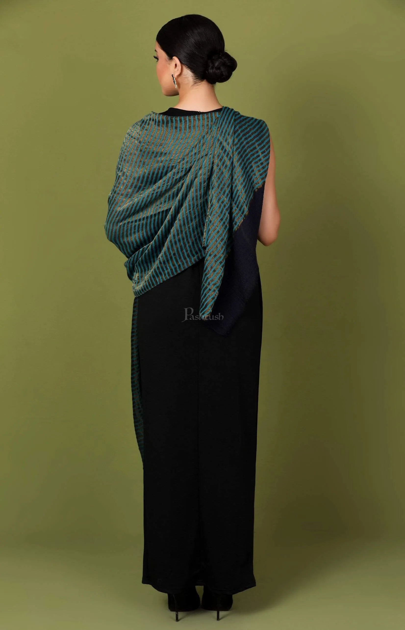 Pashtush Womens, Extra Fine Wool, Twilight Striped Scarf, With Shimmery Zari Thread Weave Blue