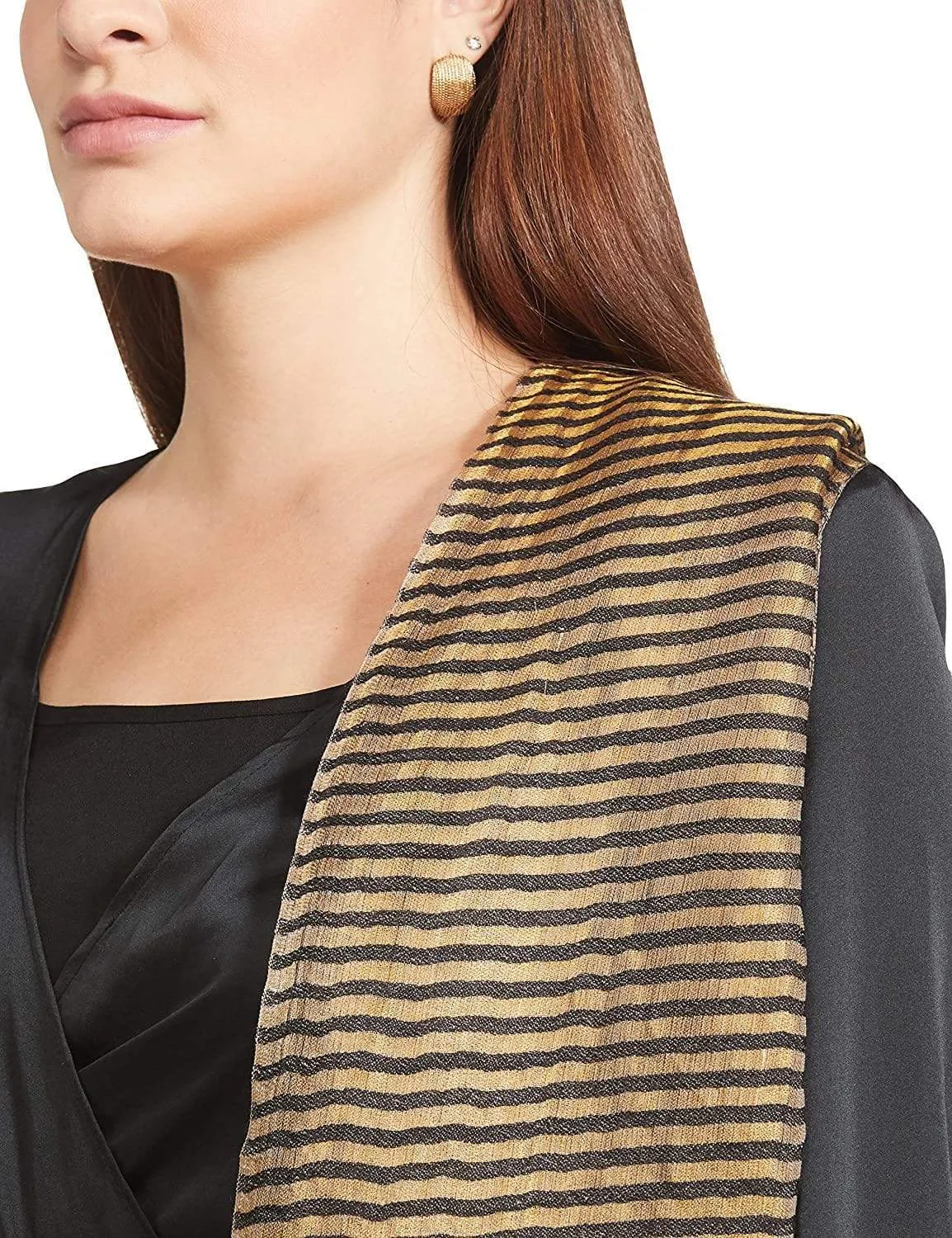Pashtush Womens, Extra Fine Wool, Twilight Striped Scarf, With Shimmery Zari Thread Weave Gold