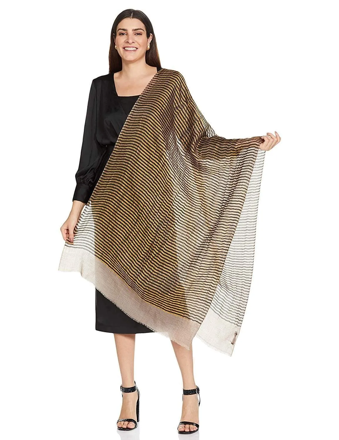 Pashtush Womens, Extra Fine Wool, Twilight Striped Scarf, With Shimmery Zari Thread Weave Gold