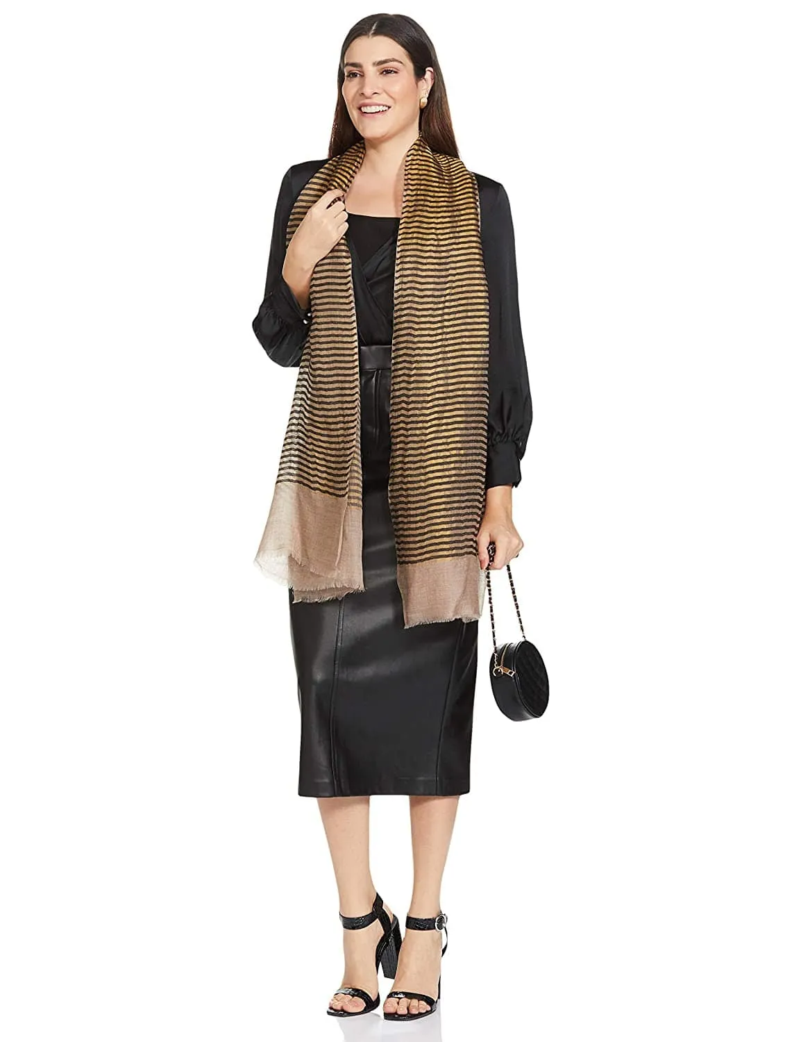 Pashtush Womens, Extra Fine Wool, Twilight Striped Scarf, With Shimmery Zari Thread Weave Gold