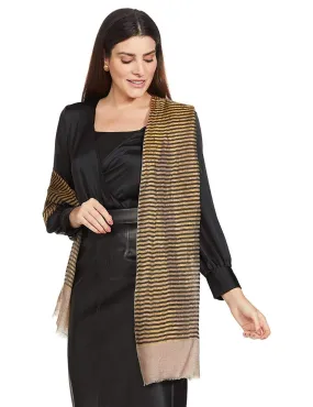 Pashtush Womens, Extra Fine Wool, Twilight Striped Scarf, With Shimmery Zari Thread Weave Gold