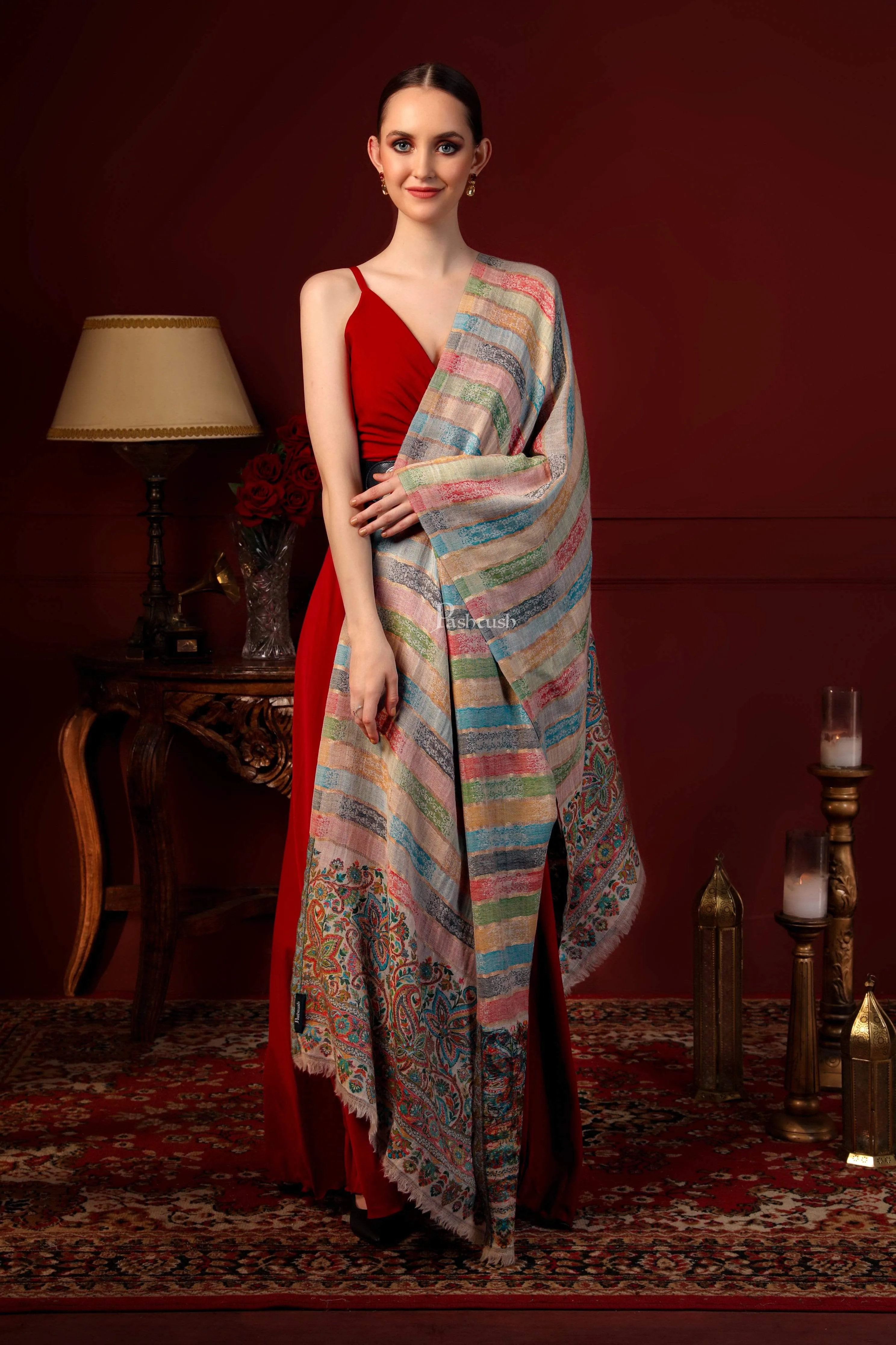 Pashtush Womens ,Pure Wool, Twilight Striped Scarf, With Shimmery Zari Thread Weave Multi Coloured