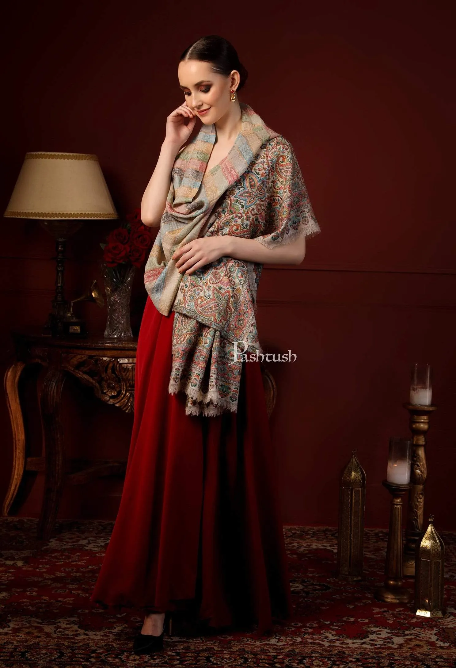 Pashtush Womens ,Pure Wool, Twilight Striped Scarf, With Shimmery Zari Thread Weave Multi Coloured