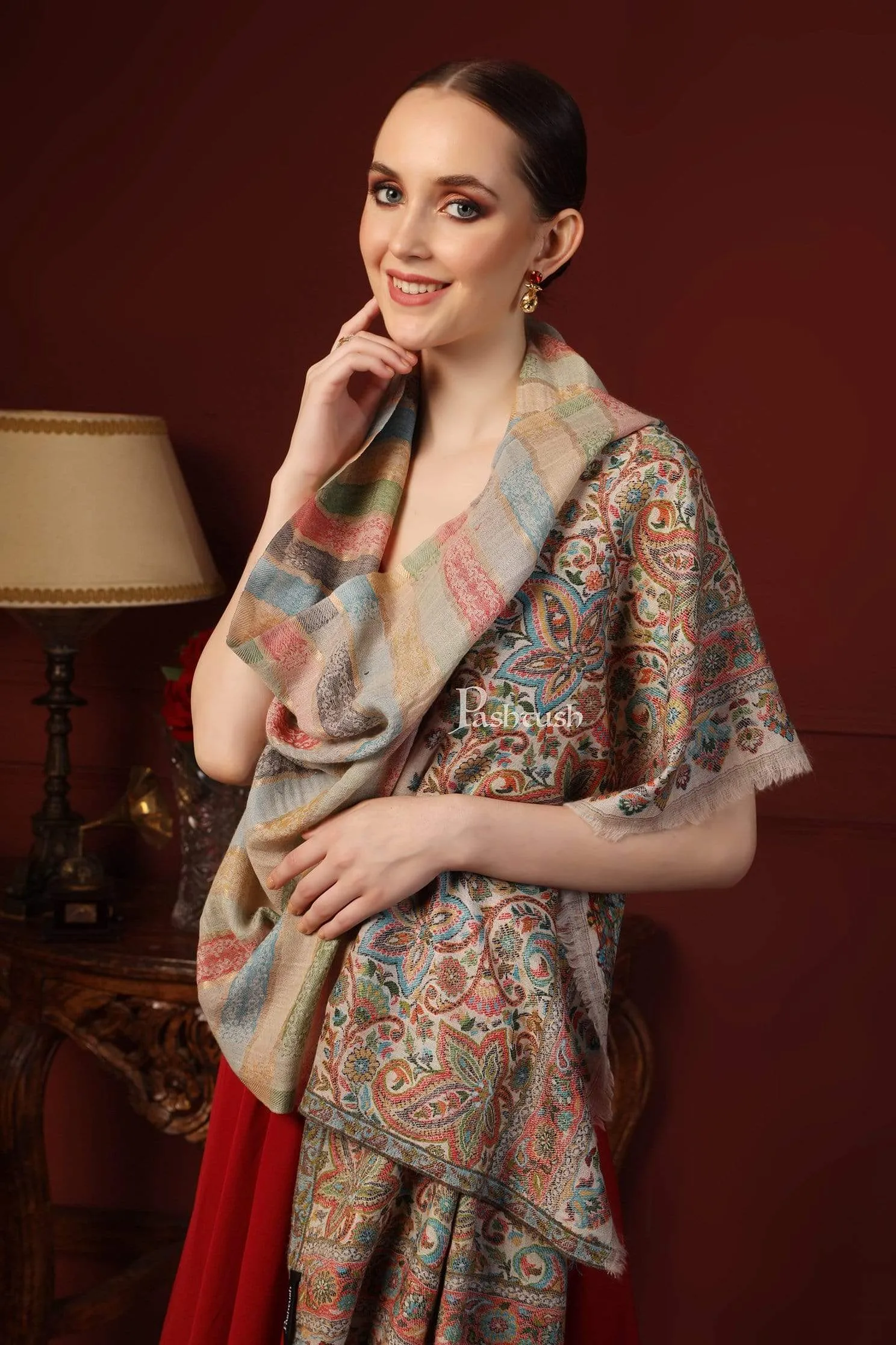 Pashtush Womens ,Pure Wool, Twilight Striped Scarf, With Shimmery Zari Thread Weave Multi Coloured