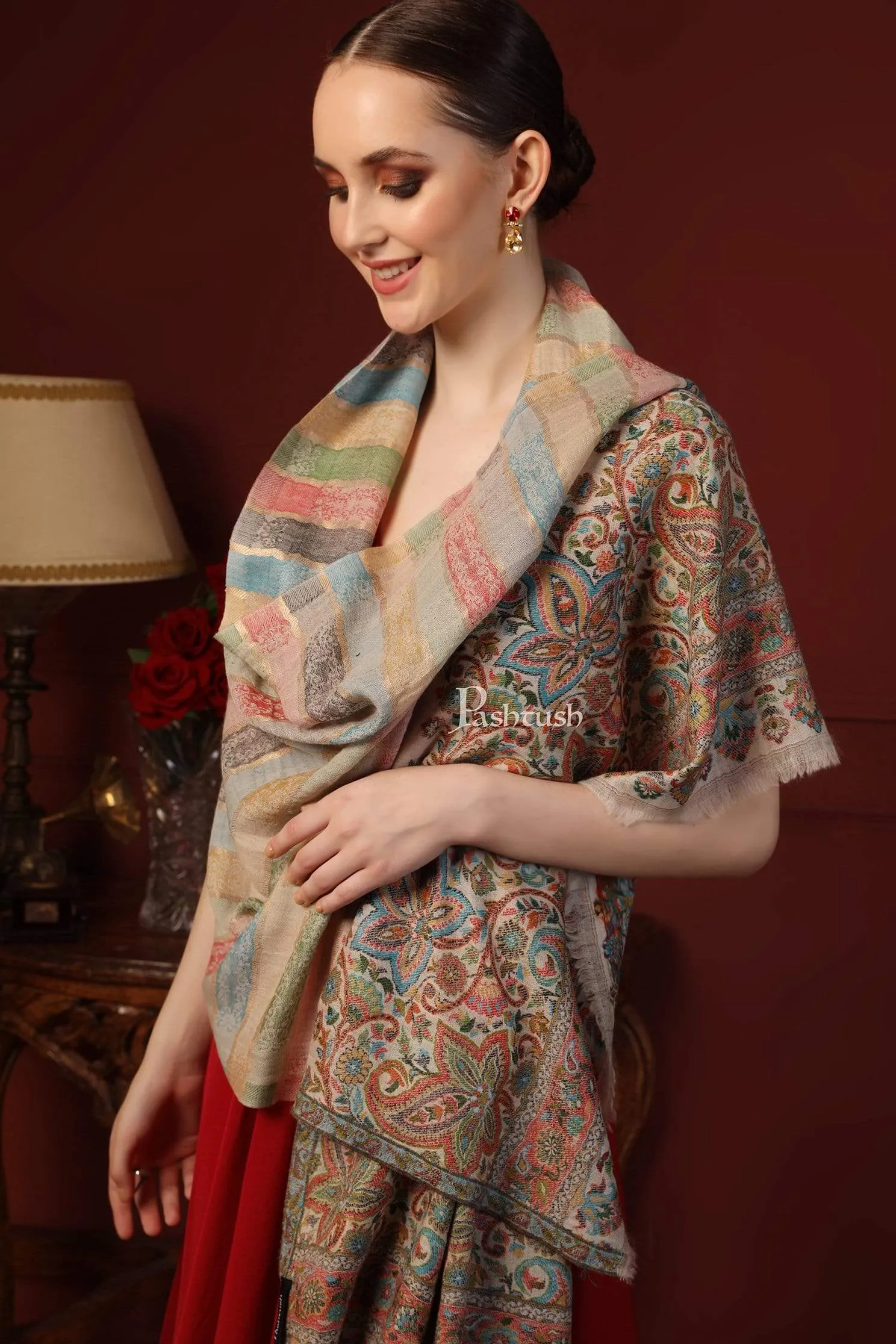 Pashtush Womens ,Pure Wool, Twilight Striped Scarf, With Shimmery Zari Thread Weave Multi Coloured