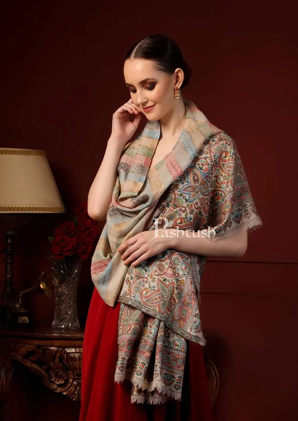 Pashtush Womens ,Pure Wool, Twilight Striped Scarf, With Shimmery Zari Thread Weave Multi Coloured