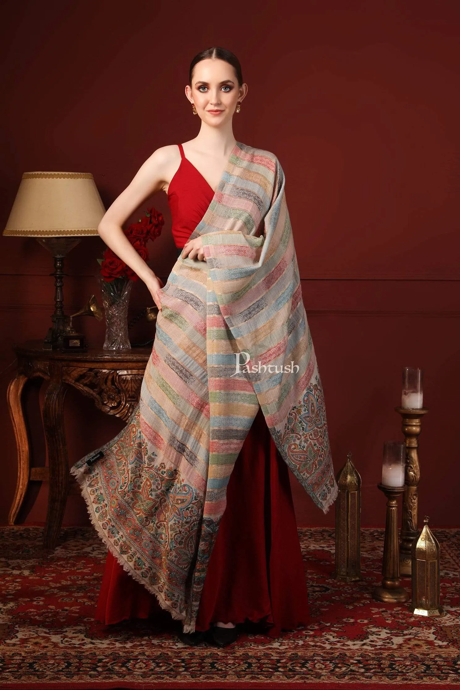 Pashtush Womens ,Pure Wool, Twilight Striped Scarf, With Shimmery Zari Thread Weave Multi Coloured