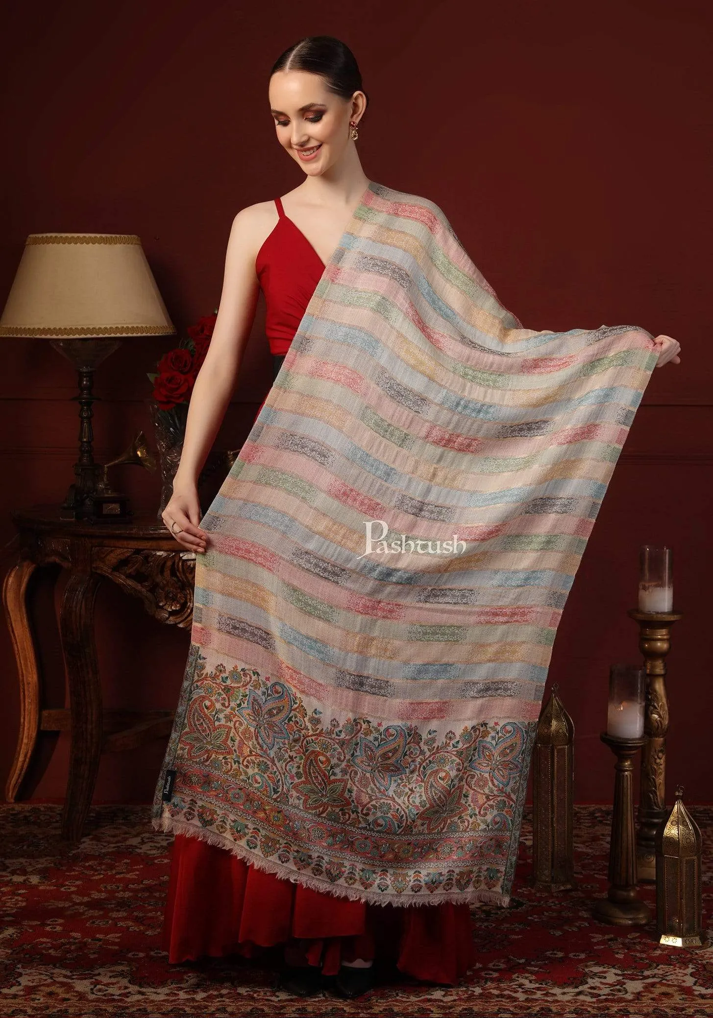Pashtush Womens ,Pure Wool, Twilight Striped Scarf, With Shimmery Zari Thread Weave Multi Coloured