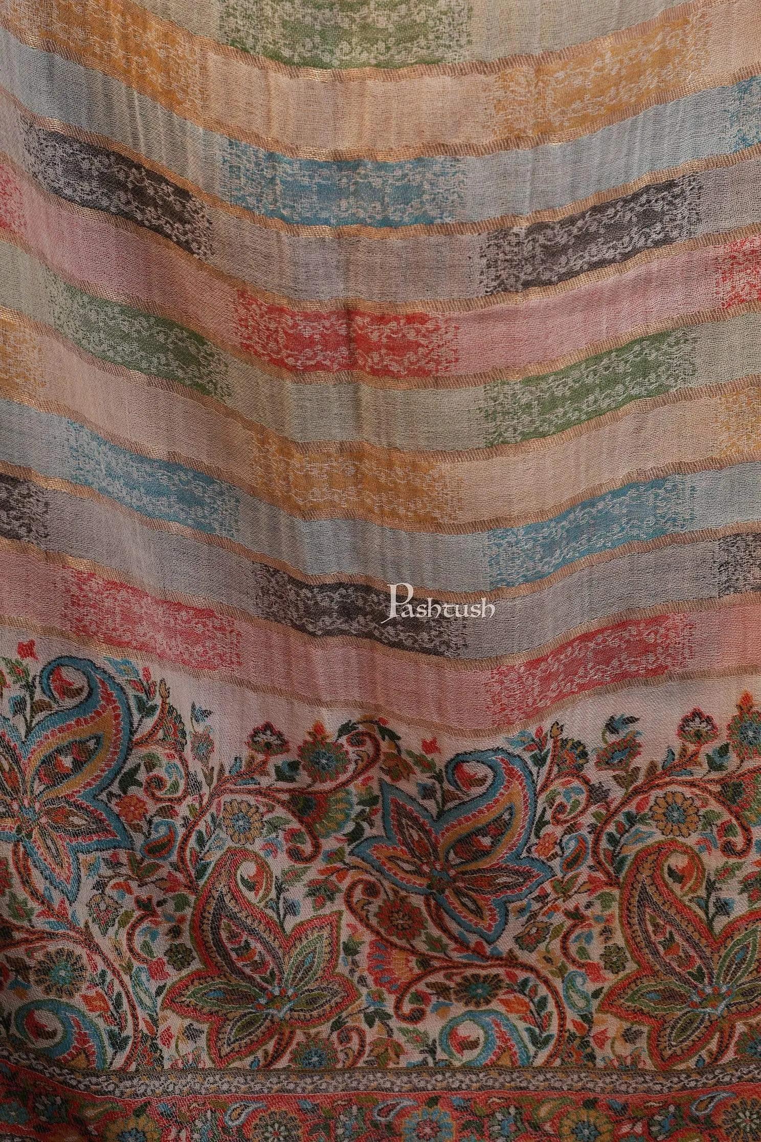 Pashtush Womens ,Pure Wool, Twilight Striped Scarf, With Shimmery Zari Thread Weave Multi Coloured