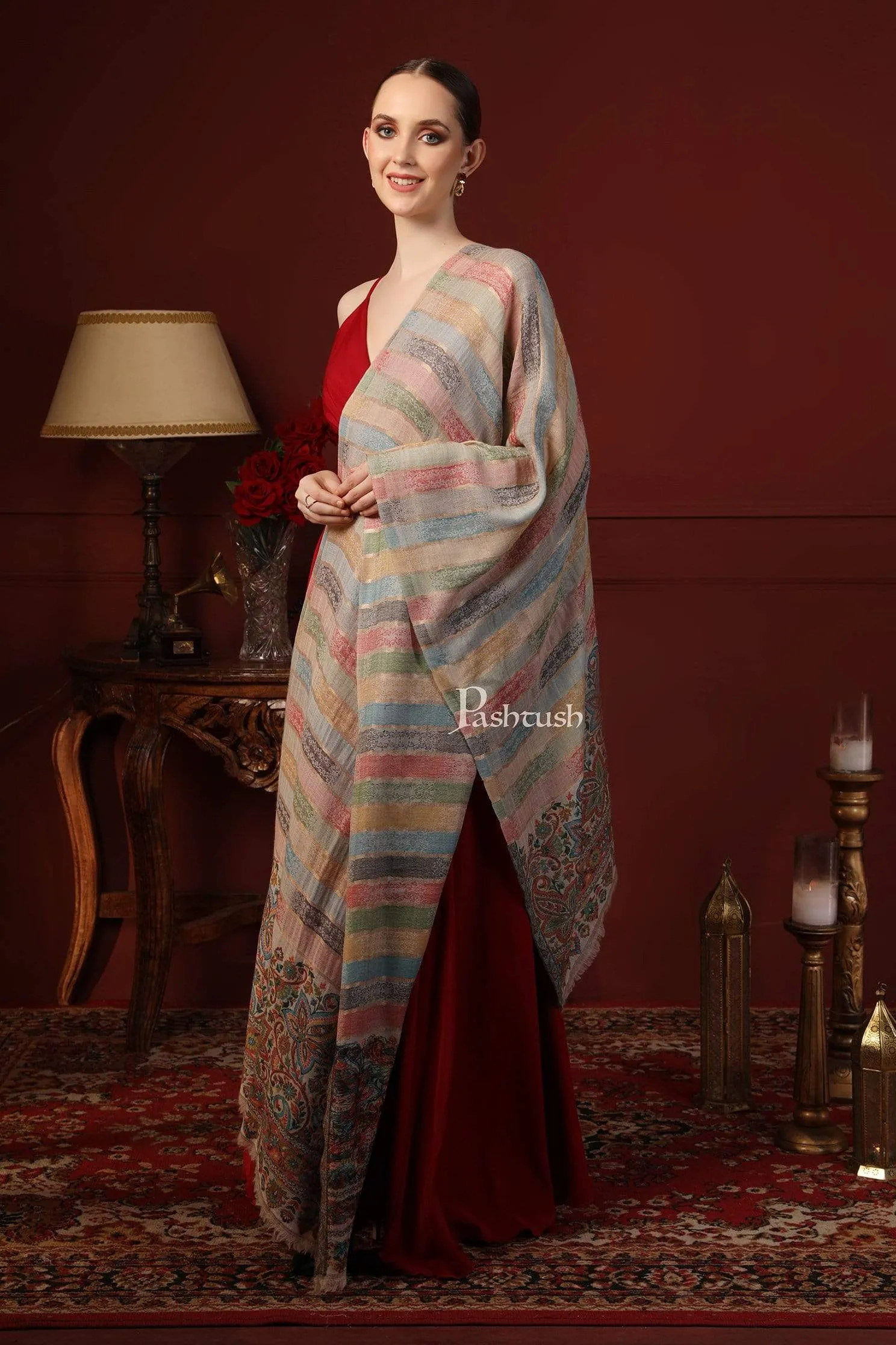 Pashtush Womens ,Pure Wool, Twilight Striped Scarf, With Shimmery Zari Thread Weave Multi Coloured