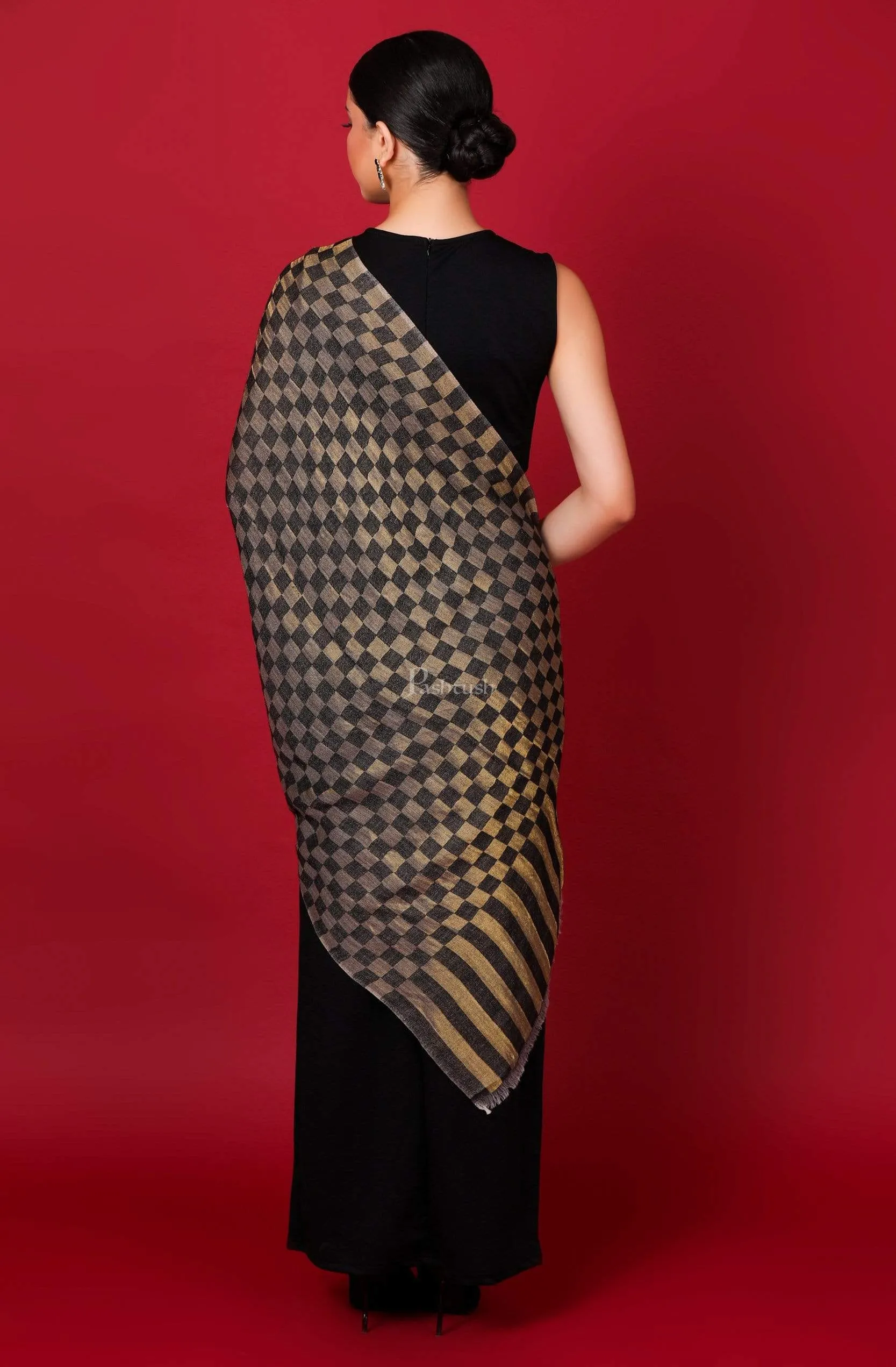 Pashtush Womens Twilight Checkered Scarf, With Shimmery Zari  Thread Weave, Black And Gold