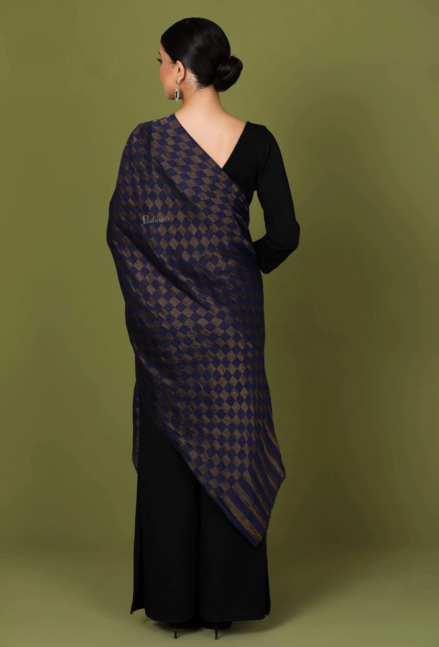 Pashtush Womens Twilight Checkered Scarf, With Shimmery Zari  Thread Weave, Blue And Golden