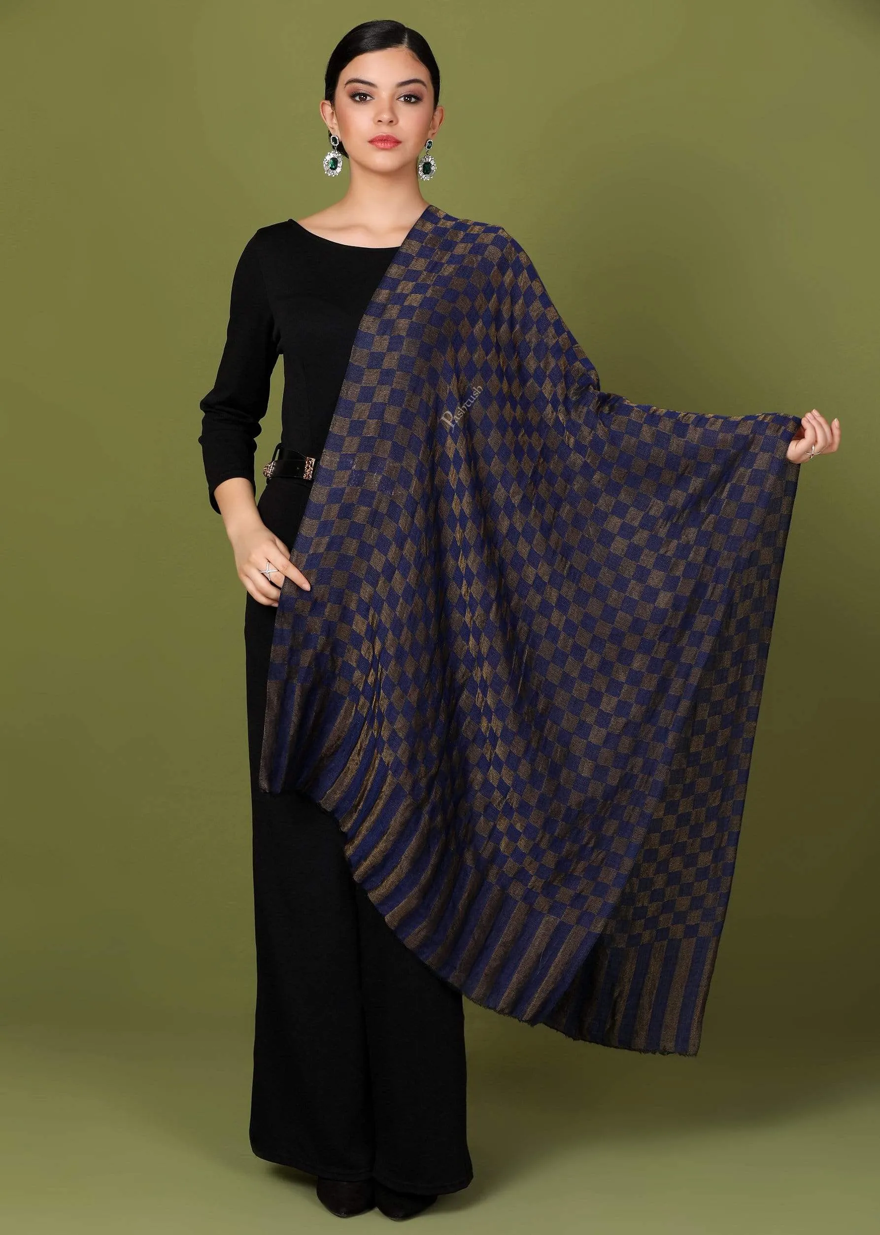 Pashtush Womens Twilight Checkered Scarf, With Shimmery Zari  Thread Weave, Blue And Golden