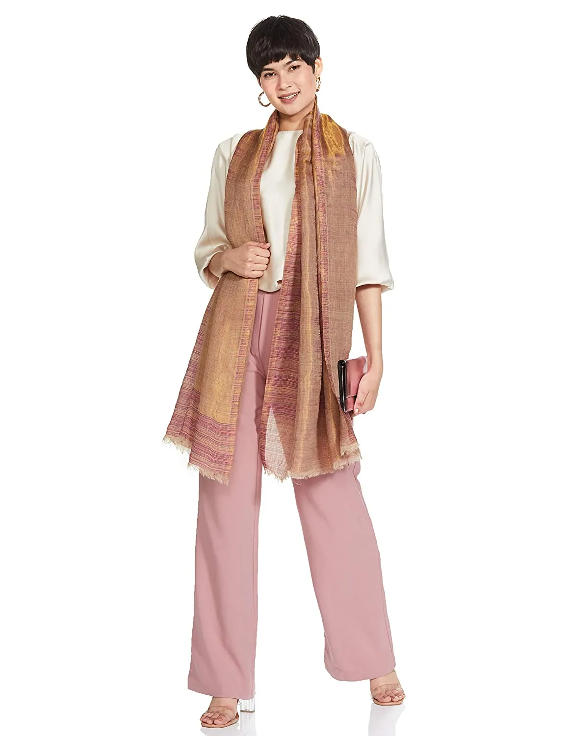 Pashtush Womens Twilight Striped Scarf, With Shimmery Zari Thread Weave, Reversible Pink