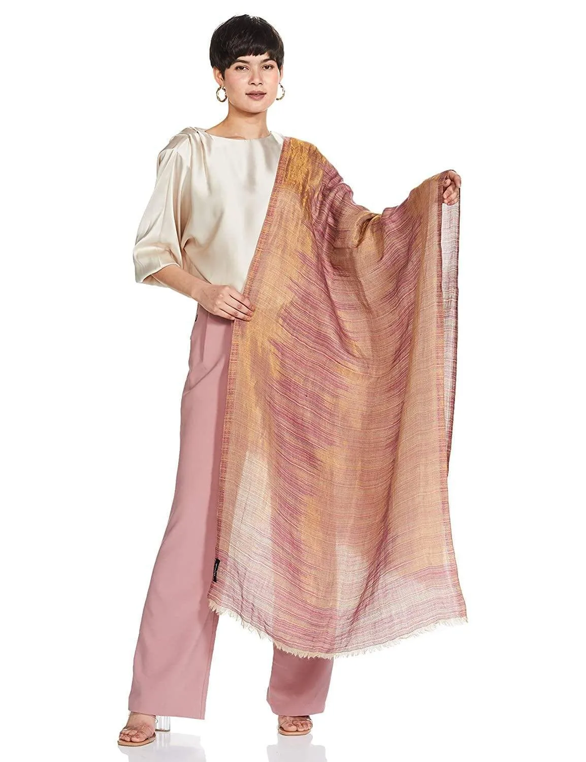 Pashtush Womens Twilight Striped Scarf, With Shimmery Zari Thread Weave, Reversible Pink