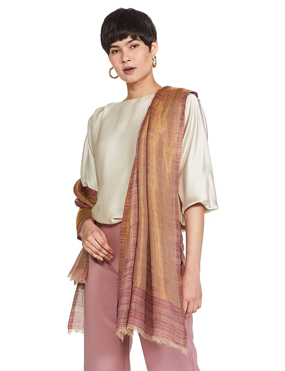 Pashtush Womens Twilight Striped Scarf, With Shimmery Zari Thread Weave, Reversible Pink