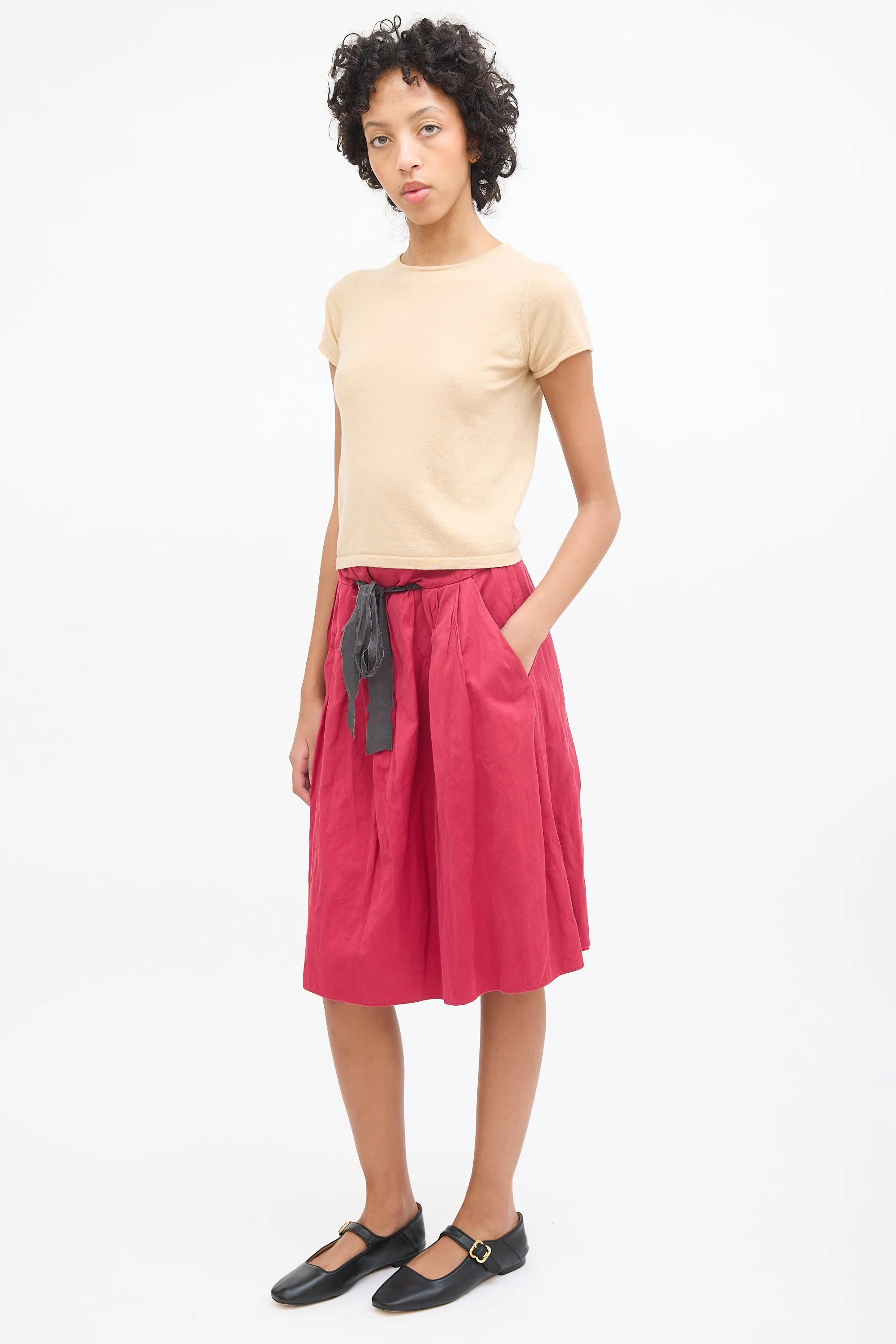 Pink Cotton Tie Midi Skirt