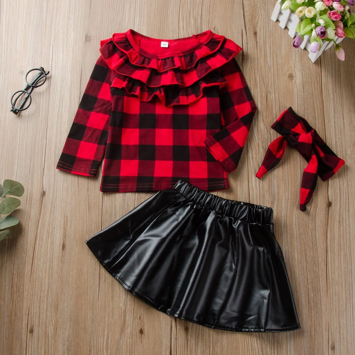 Pleated Collar Plaid Long Sleeve Tops & Leather Skirt