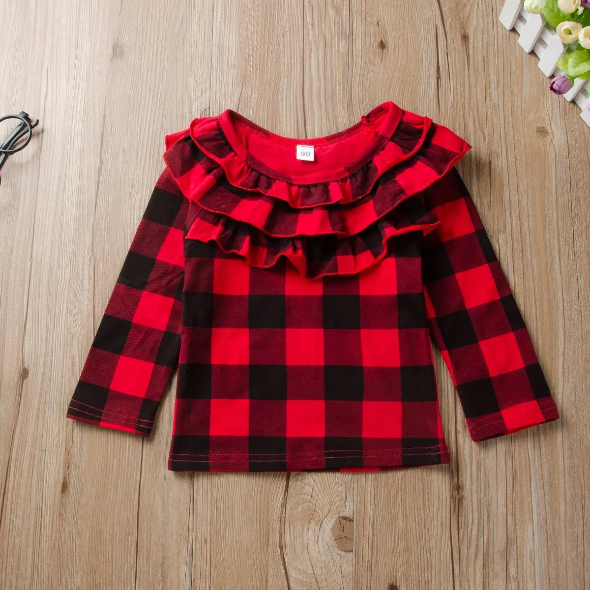 Pleated Collar Plaid Long Sleeve Tops & Leather Skirt