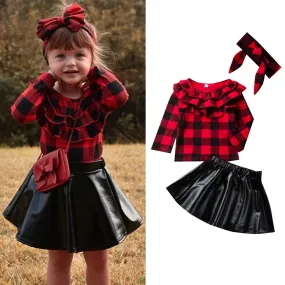 Pleated Collar Plaid Long Sleeve Tops & Leather Skirt