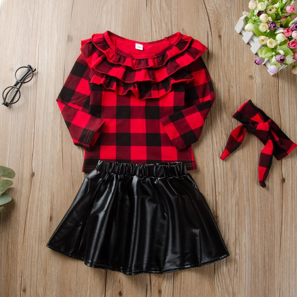 Pleated Collar Plaid Long Sleeve Tops & Leather Skirt