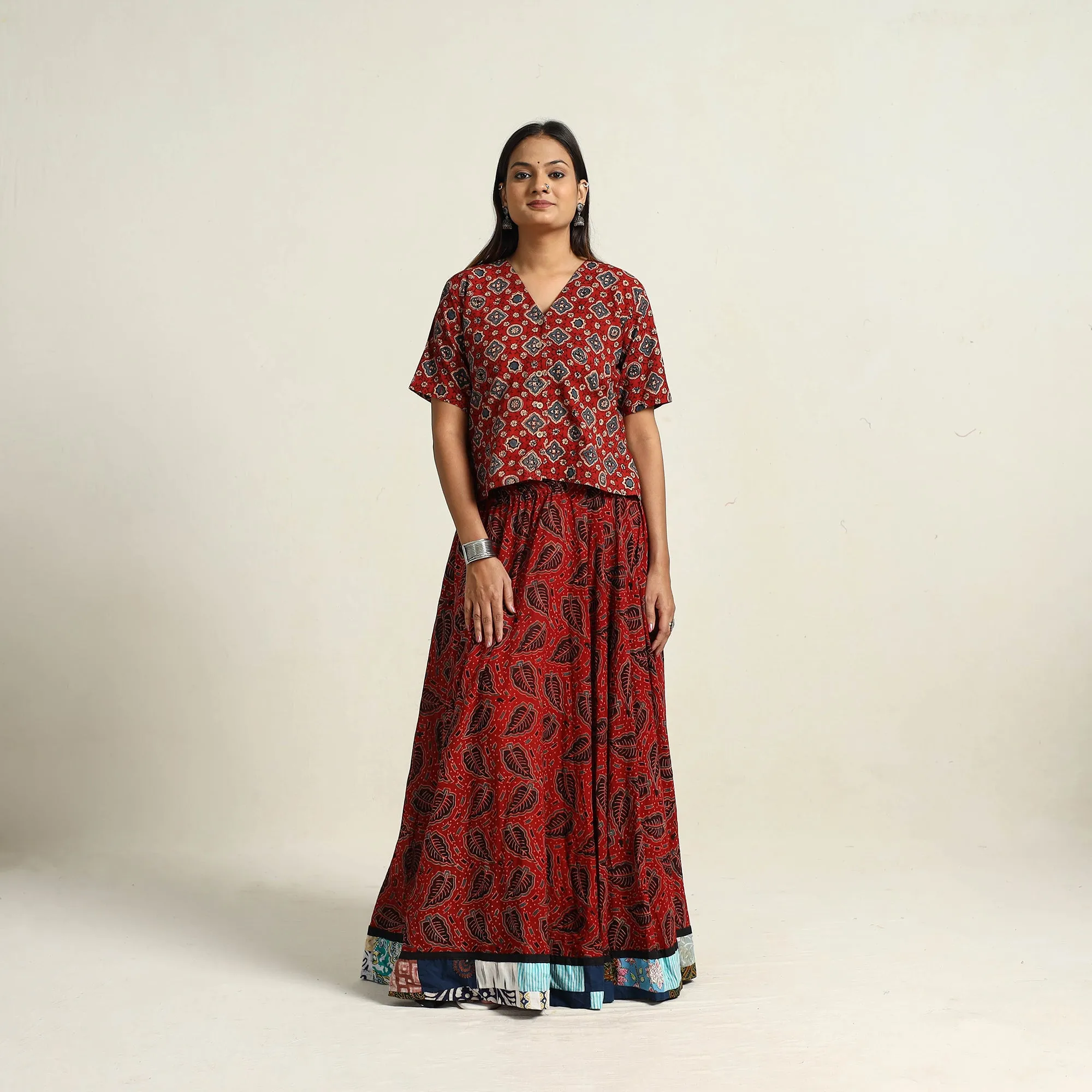 Red - Hand Block Printed Cotton Long Ajrakh Skirt 04