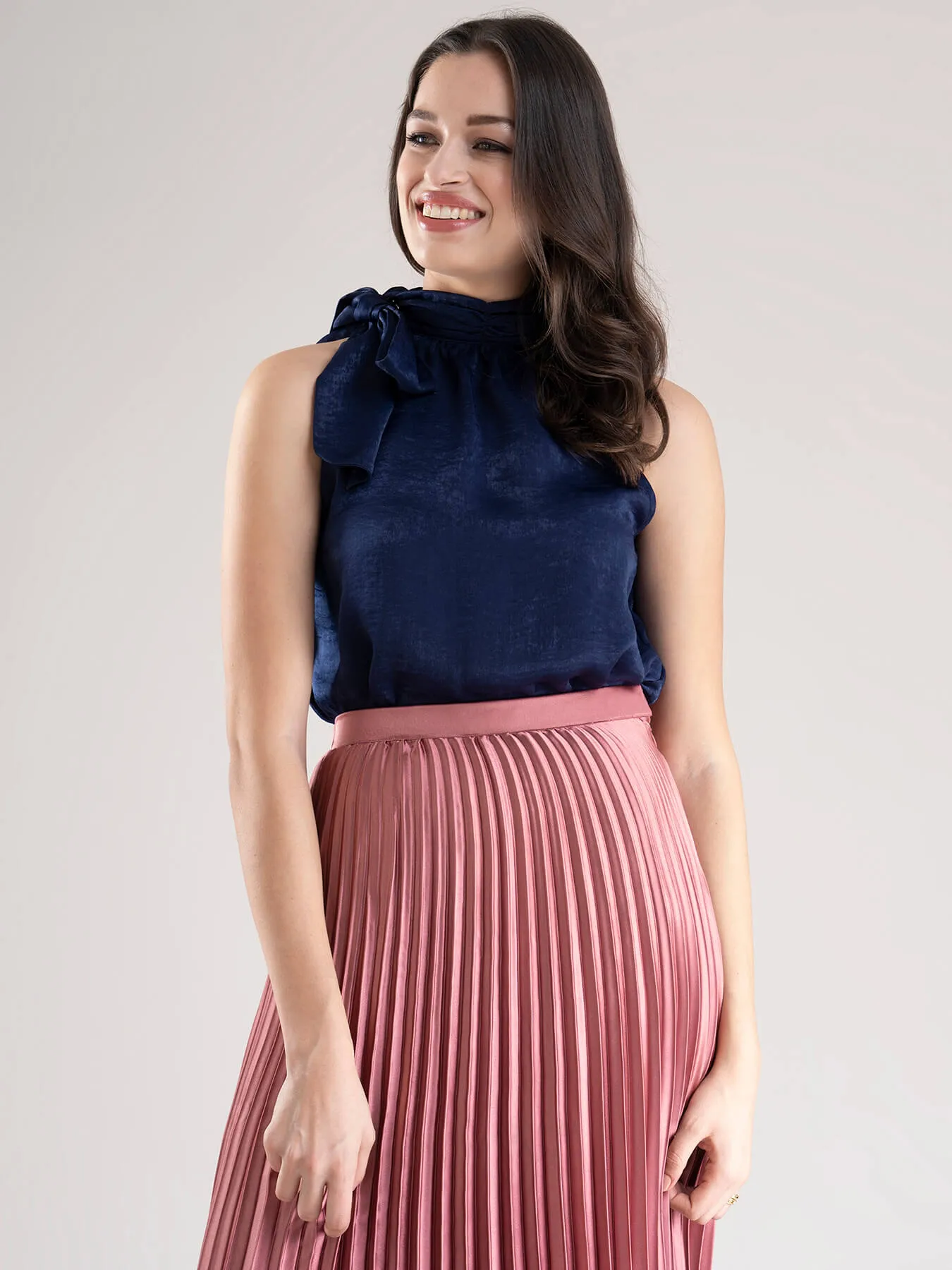 Satin Two-Way Tie Up Top - Navy Blue