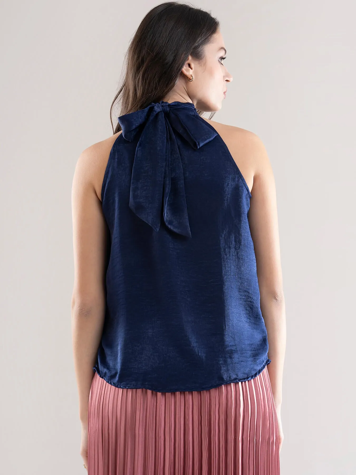 Satin Two-Way Tie Up Top - Navy Blue