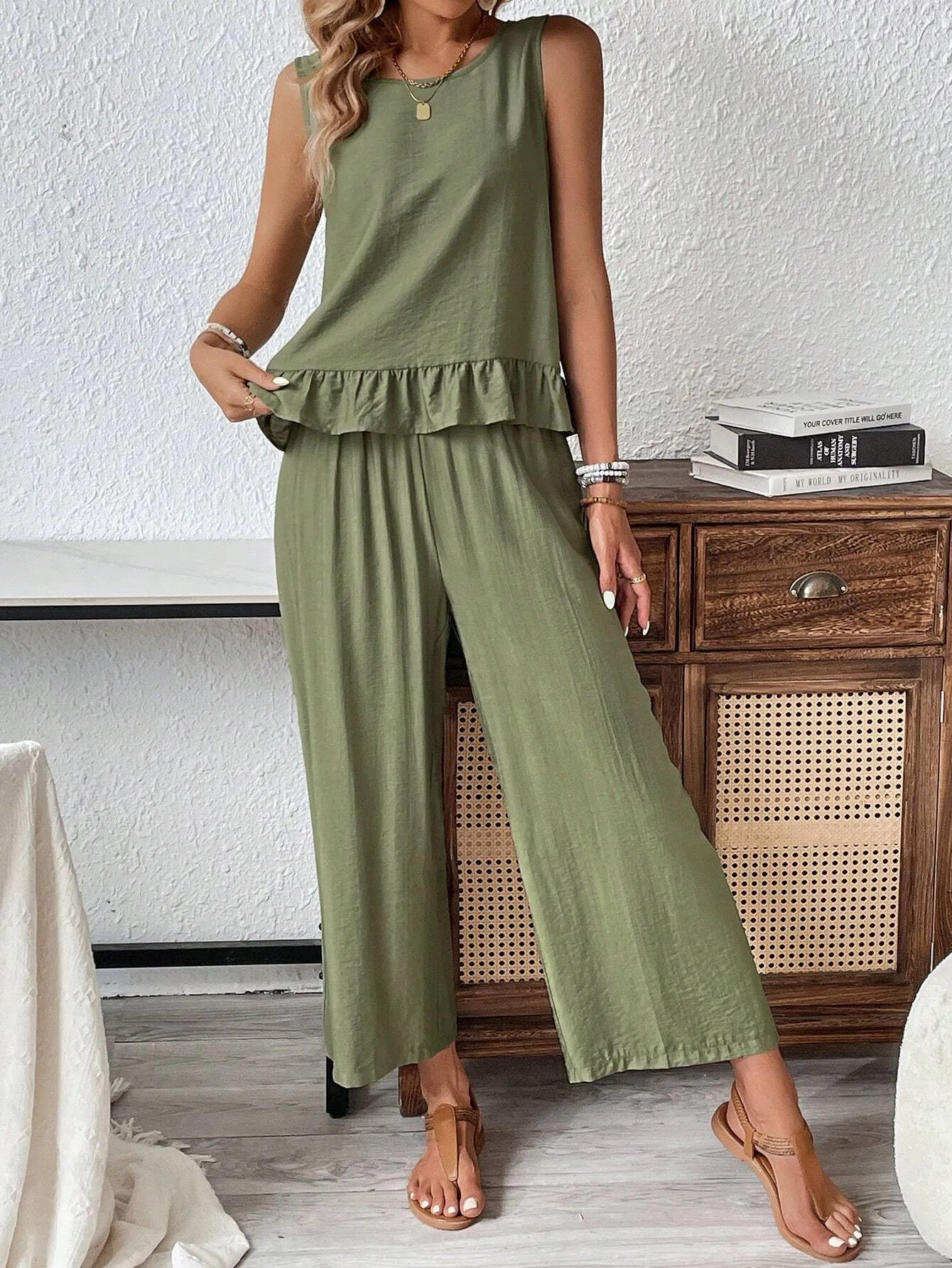 SHEIN Frenchy Sleeveless Tank Top With Ruffled Hem And Linen Pants, Summer 2pcs/Set