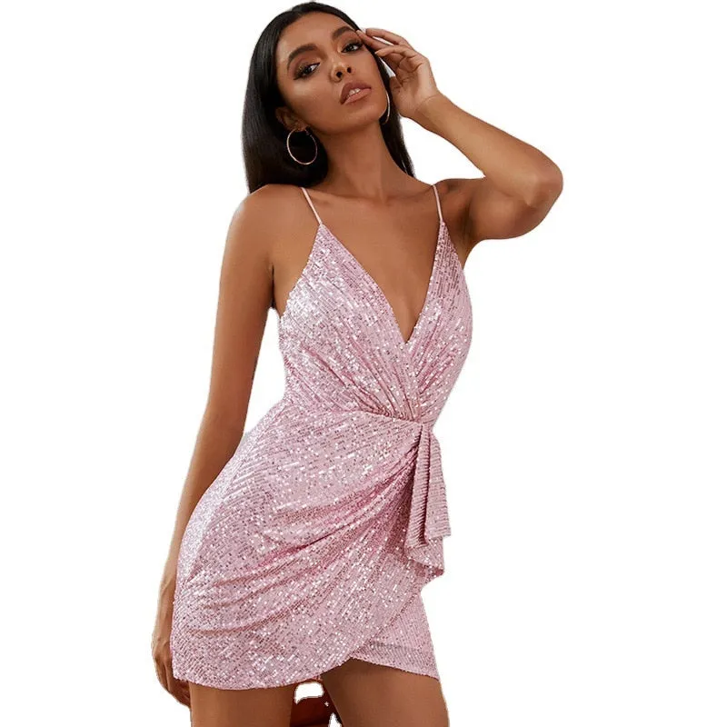 VenusFox Spaghetti straps Pink dress Woman Sequined Backless Sexy Dress Off Shoulder Mini Dress Christmas Party Club V neck Dresses