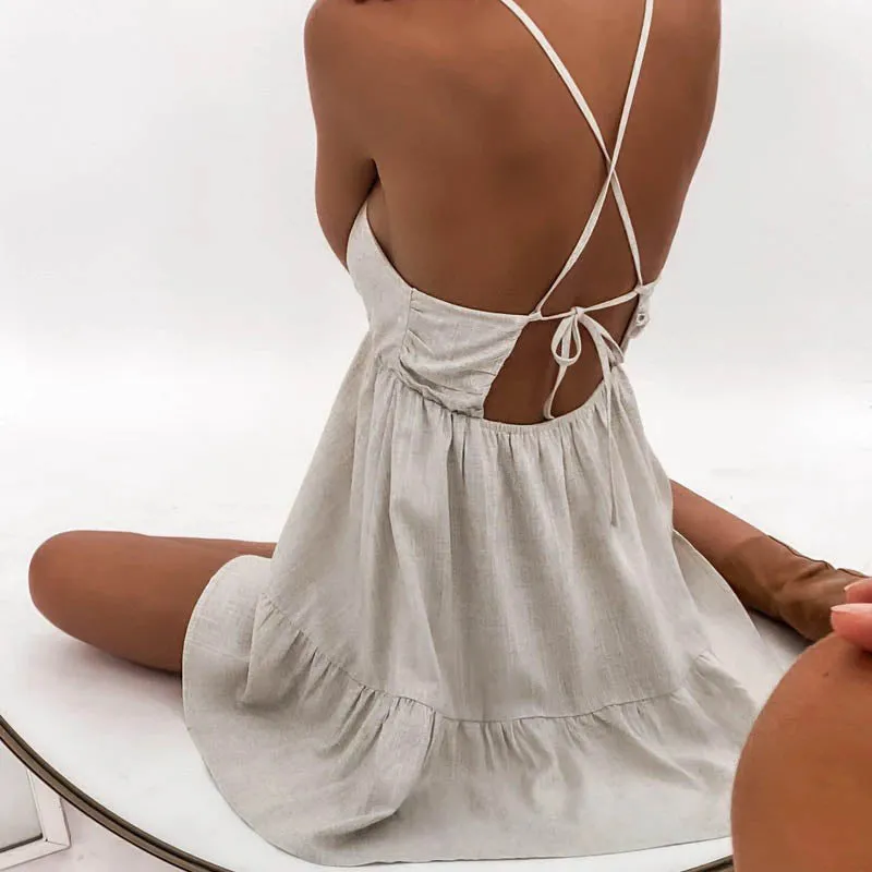 Wjczt Summer Sexy Sling Solid Color Backless Women&#39;s Dress Casual Sleeveless New Loose Elegant Party Holiday Tie-up Mini Fashion Dress