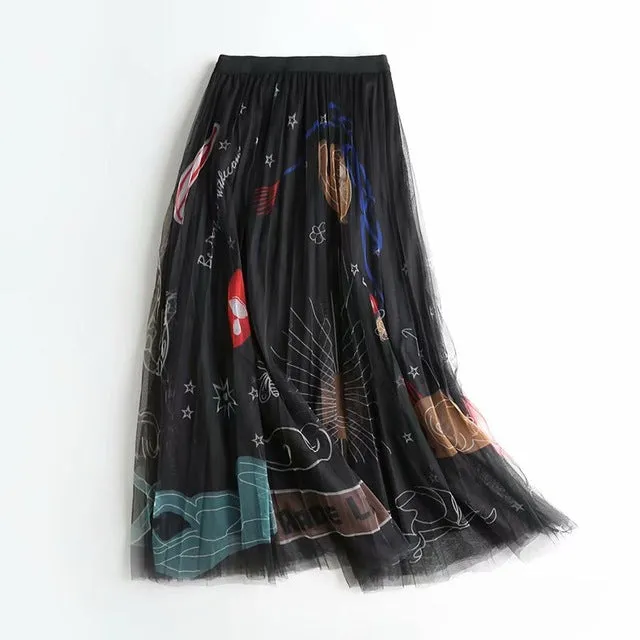 Women Mesh Tulle Skirts Elastic High Waist Graffiti Print Long Skirts Female A-line Pleated Skirts Saias Femme Maxi Skirts
