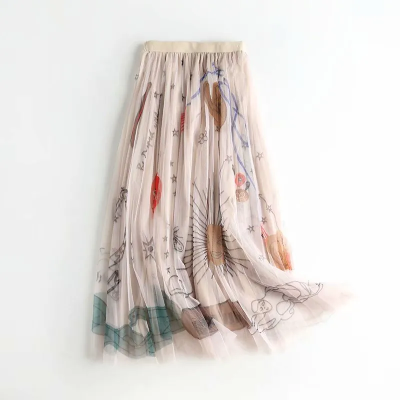 Women Mesh Tulle Skirts Elastic High Waist Graffiti Print Long Skirts Female A-line Pleated Skirts Saias Femme Maxi Skirts