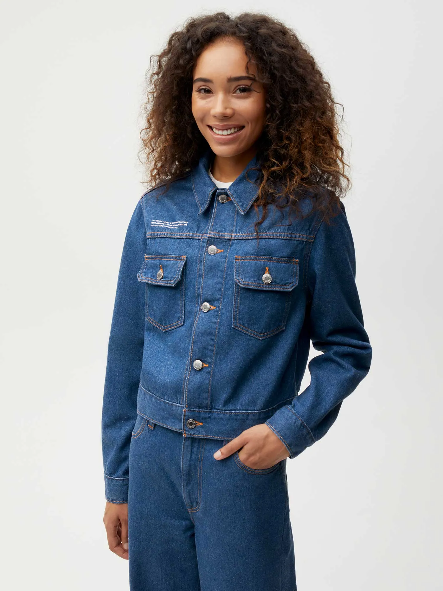 Womens Cropped Hemp Denim Jacket—mid wash