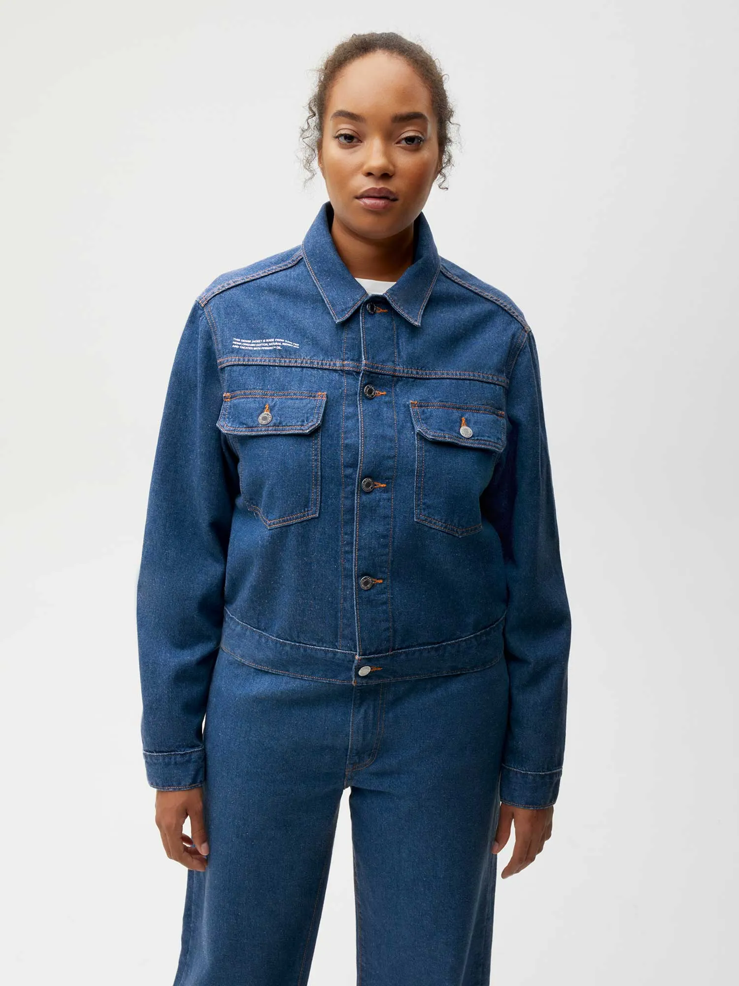 Womens Cropped Hemp Denim Jacket—mid wash